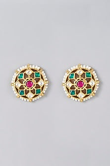 Gold Finish Kundan Polki & Pearl Stud Earrings