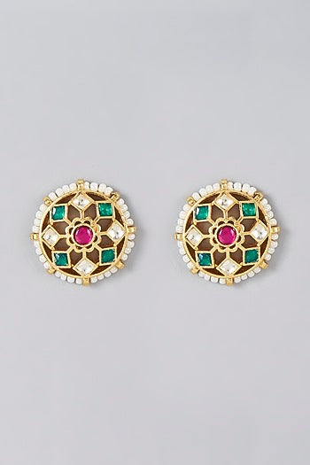 Gold Finish Kundan Polki & Pearl Stud Earrings