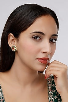 Gold Finish Kundan Polki & Pearl Stud Earrings
