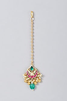 Gold Finish Kundan Polki & Pearl Maang Tikka