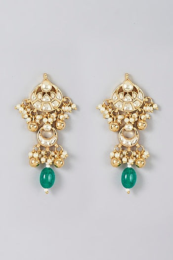 Gold Finish Pearl & Kundan Polki Dangler Earrings