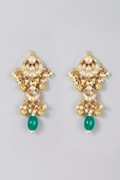 Gold Finish Pearl & Kundan Polki Dangler Earrings