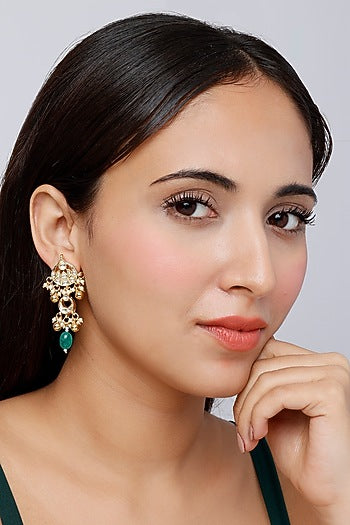 Gold Finish Pearl & Kundan Polki Dangler Earrings