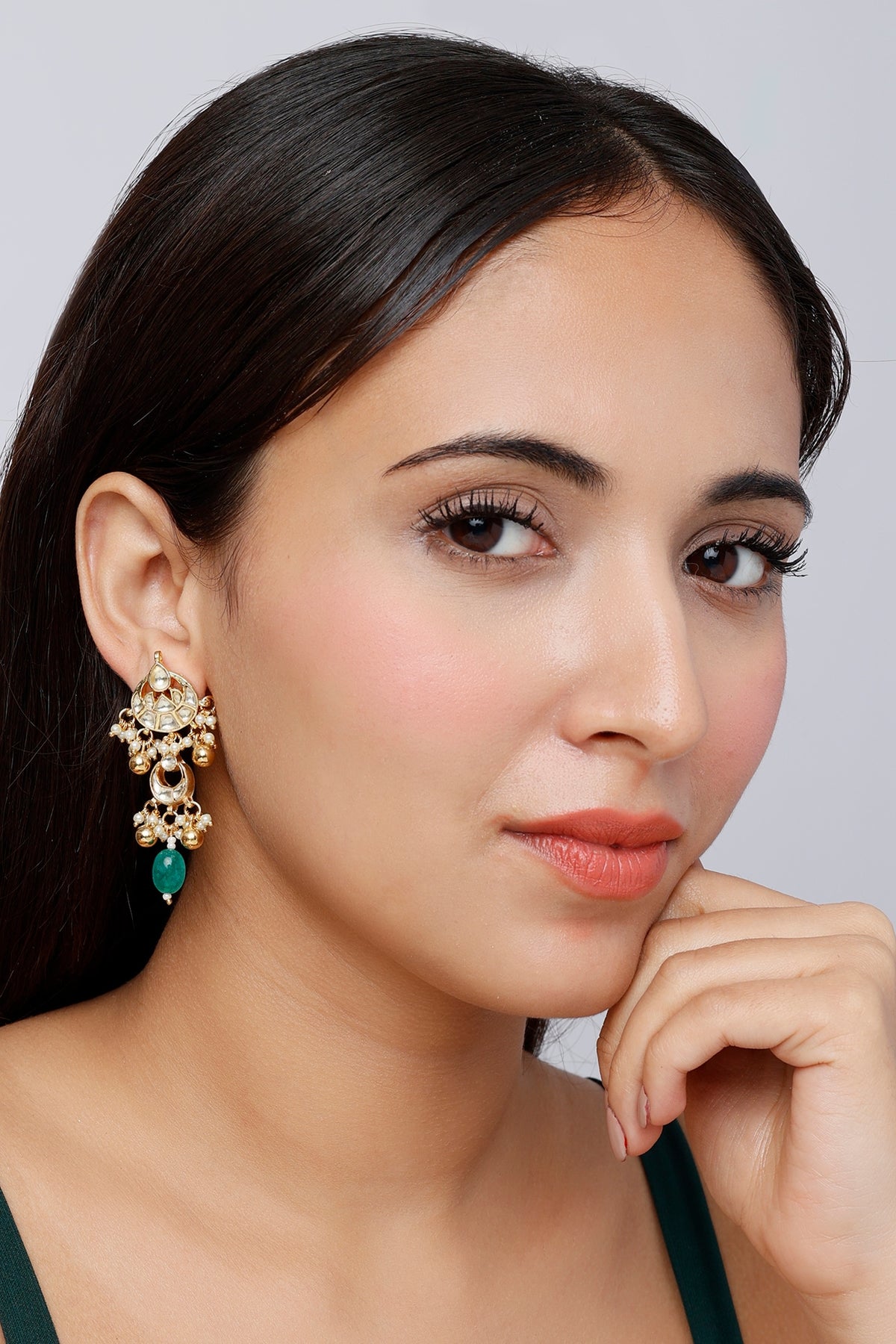 Gold Finish Pearl & Kundan Polki Dangler Earrings