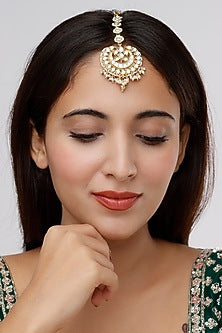 Gold Finish Pearl & Kundan Polki Maang Tikka