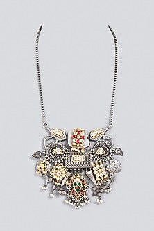 Oxidized Finish Kundan Polki & Synthetic Stone Long Necklace