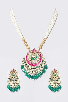 Gold Finish Pachi Kundan Polki & Zircons Long Necklace Set