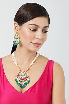 Gold Finish Pachi Kundan Polki & Zircons Long Necklace Set