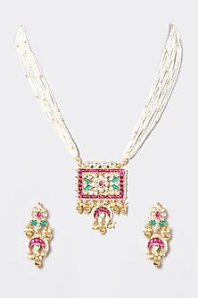Gold Finish Kundan Polki & Pearl Long Necklace Set