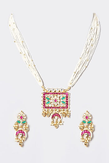 Gold Finish Kundan Polki & Pearl Long Necklace Set