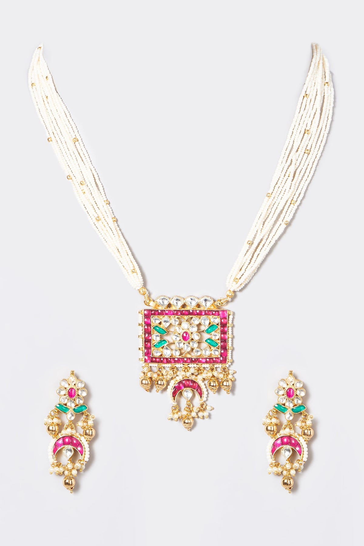 Gold Finish Kundan Polki & Pearl Long Necklace Set