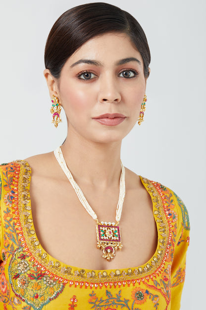 Gold Finish Kundan Polki & Pearl Long Necklace Set