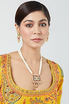 Gold Finish Kundan Polki & Pearl Long Necklace Set