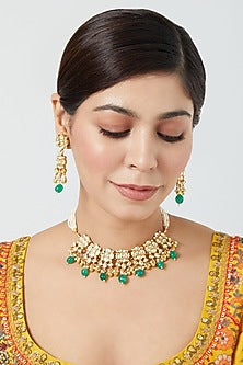 Gold Finish Kundan Polki & Pearl Choker Necklace Set