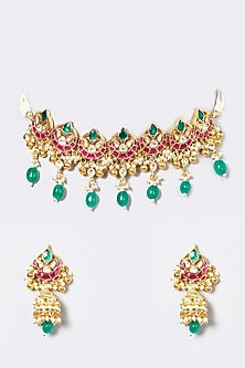 Gold Finish Pachi Kundan Polki & Pearl Choker Necklace Set