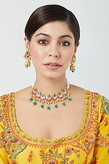 Gold Finish Pachi Kundan Polki & Pearl Choker Necklace Set