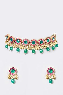 Gold Finish Pachi Kundan Polki & Multi-Colored Stone Choker Necklace Set