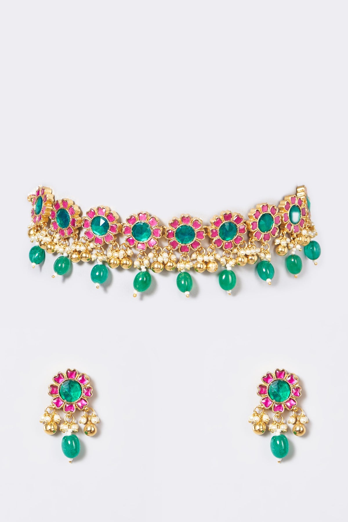 Gold Finish Pachi Kundan Polki & Multi-Colored Stone Choker Necklace Set