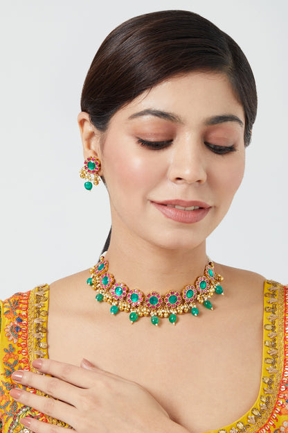 Gold Finish Pachi Kundan Polki & Multi-Colored Stone Choker Necklace Set