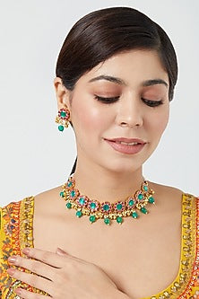 Gold Finish Pachi Kundan Polki & Multi-Colored Stone Choker Necklace Set