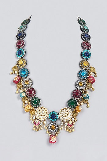 Oxidized Finish Kundan Polki & Synthetic Stone Long Necklace