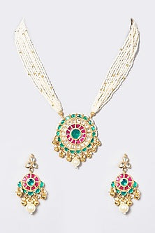Gold Finish Pachi Kundan Polki & Pearl Long Necklace Set