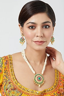 Gold Finish Pachi Kundan Polki & Pearl Long Necklace Set