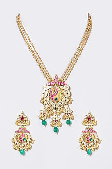 Gold Finish Pachi Kundan Polki Long Necklace Set