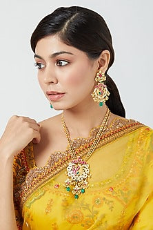 Gold Finish Pachi Kundan Polki Long Necklace Set