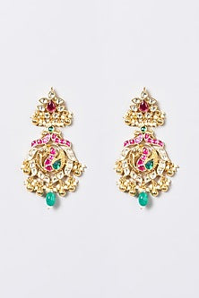 Gold Finish Pachi Kundan Polki Long Necklace Set
