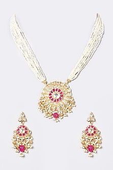 Gold Finish Pachi Kundan Polki & Pearl Long Necklace Set