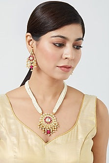 Gold Finish Pachi Kundan Polki & Pearl Long Necklace Set