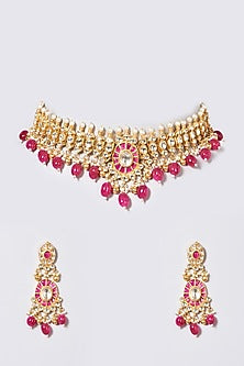 Gold Finish Pachi Kundan Polki & Pink Beaded Choker Necklace Set