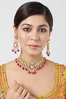 Gold Finish Pachi Kundan Polki & Pink Beaded Choker Necklace Set