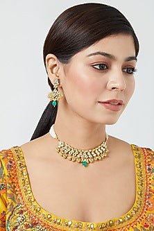 Gold Finish Pachi Kundan Polki & Pearl Choker Necklace Set