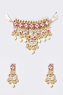 Gold Finish Pachi Kundan Polki & Pearl Choker Necklace Set