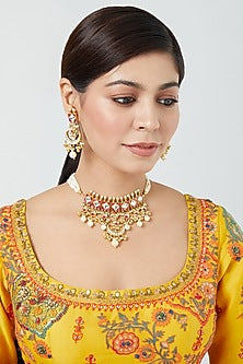 Gold Finish Pachi Kundan Polki & Pearl Choker Necklace Set