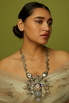 Oxidized Finish Kundan Polki & Synthetic Stone Long Necklace