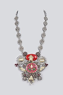 Oxidized Finish Kundan Polki & Synthetic Stone Long Necklace