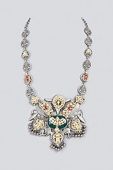 Oxidized Finish Kundan Polki & Synthetic Stone Long Necklace