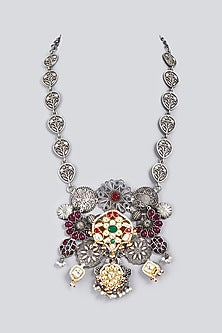 Oxidized Finish Kundan Polki & Synthetic Stone Long Necklace