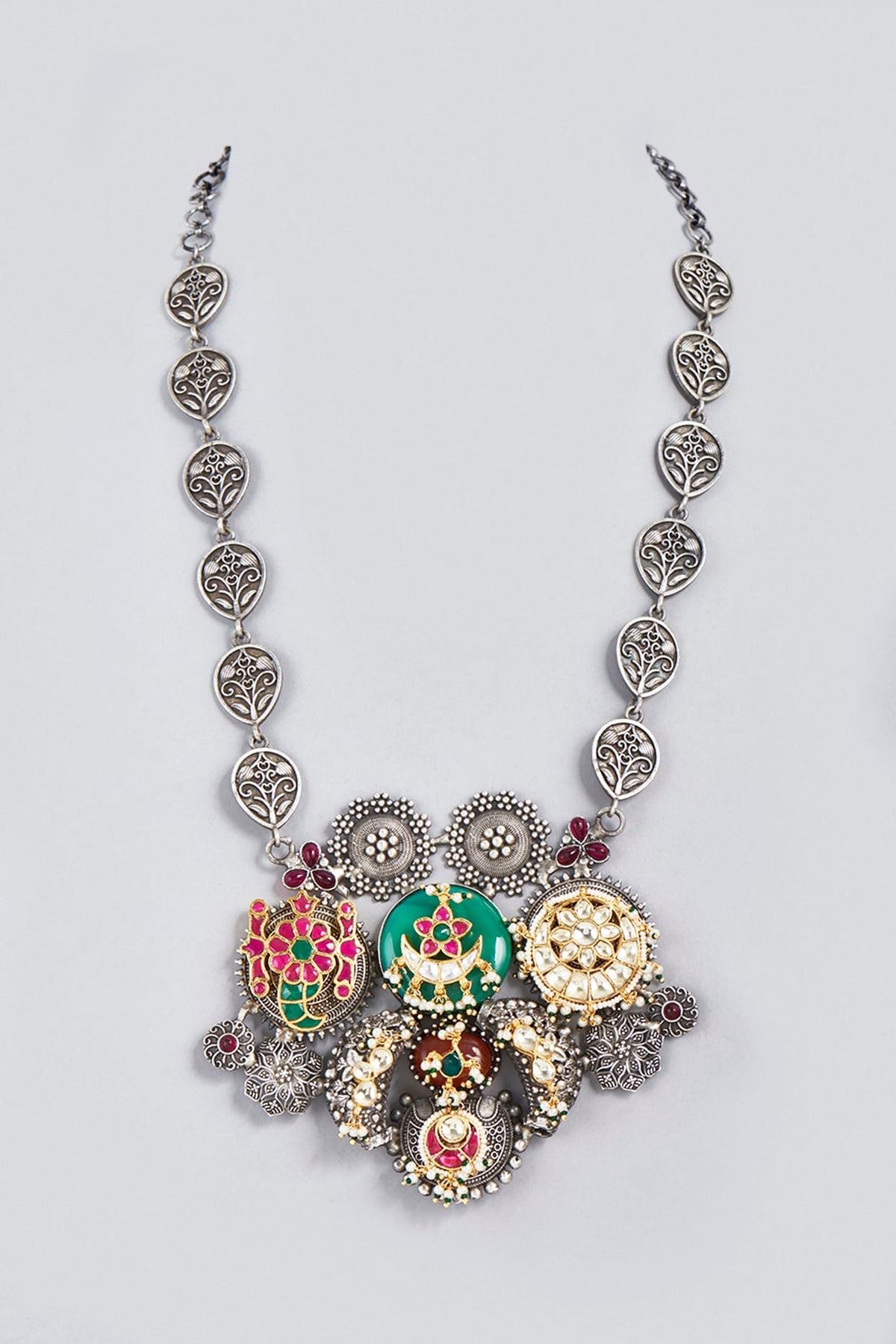 Oxidized Finish Kundan Polki & Synthetic Stone Long Necklace