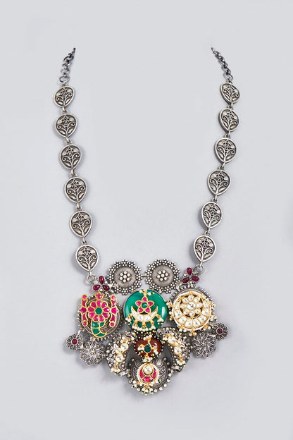 Oxidized Finish Kundan Polki & Synthetic Stone Long Necklace