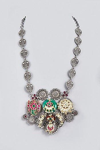 Oxidized Finish Kundan Polki & Synthetic Stone Long Necklace