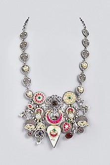 Oxidized Finish Kundan Polki & Synthetic Stone Long Necklace