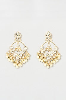 Gold Finish Pachi Kundan Polki & Pearl Chandbali Earrings