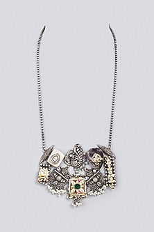 Oxidized Finish Kundan Polki & Synthetic Stone Long Necklace