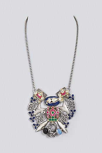 Oxidized Finish Kundan Polki & Synthetic Stone Long Necklace