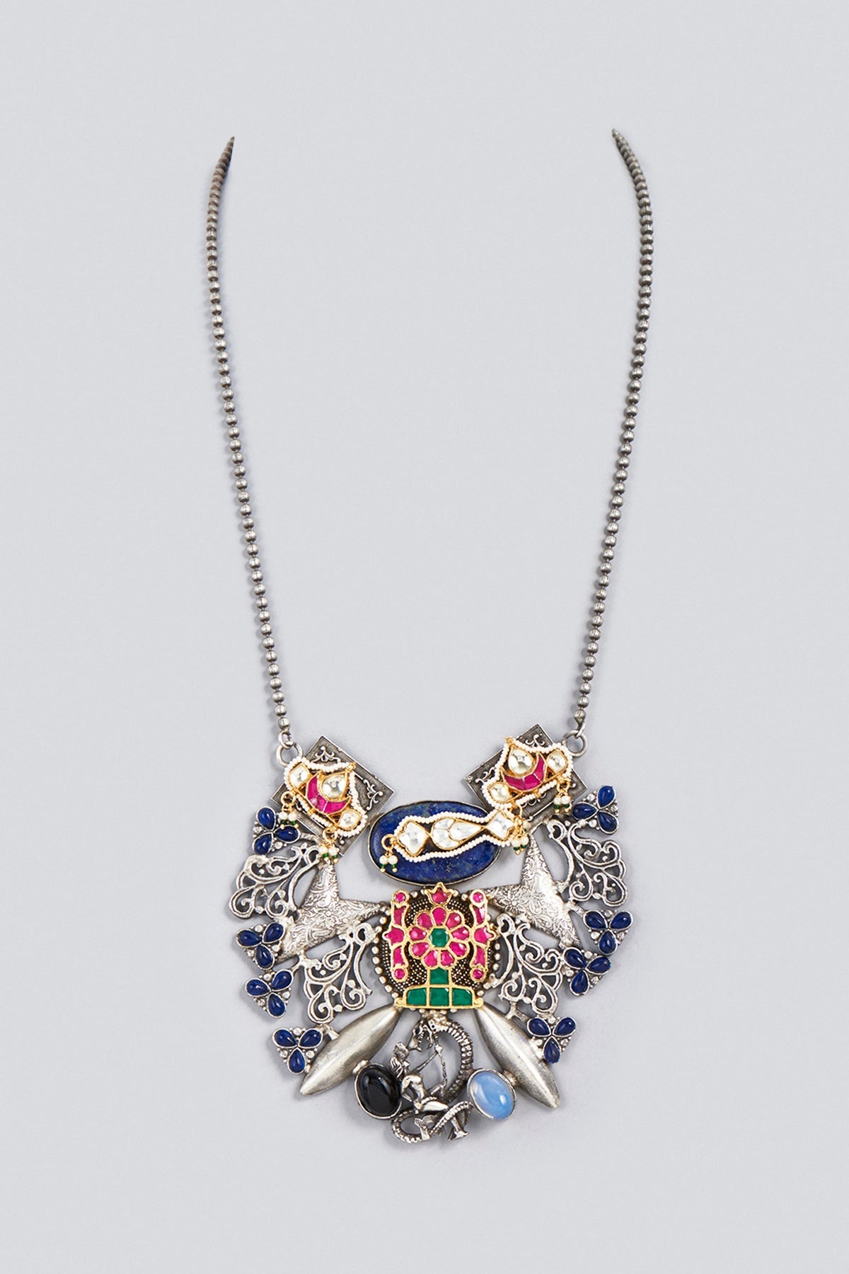 Oxidized Finish Kundan Polki & Synthetic Stone Long Necklace