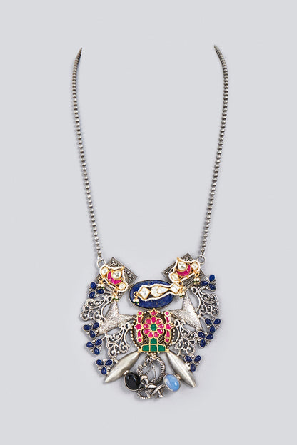 Oxidized Finish Kundan Polki & Synthetic Stone Long Necklace